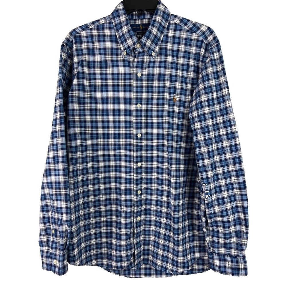 Polo Ralph Lauren Button Down Shirt Men L Blue Plaid Classic Fit Long Sleeve A12